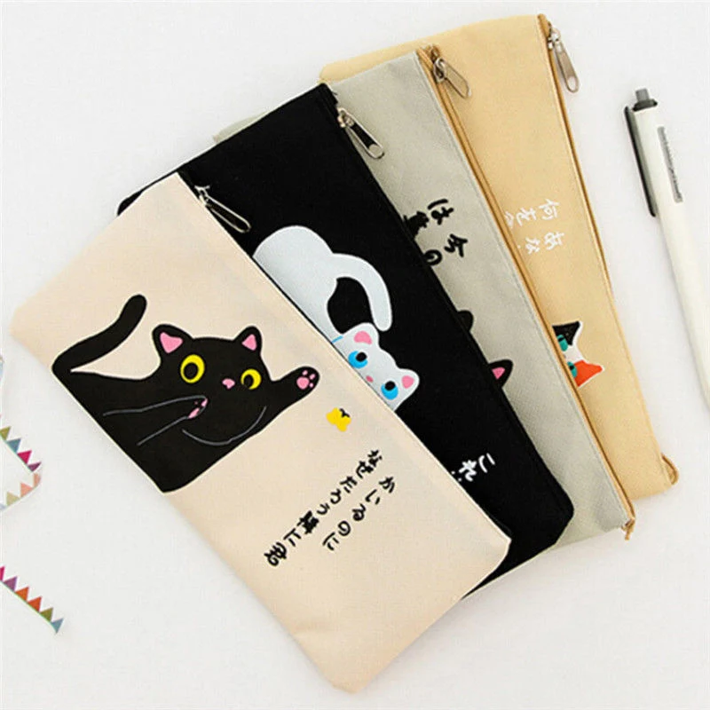 

Fashion Canvas Girls Stationery Cat Cute Pen Box Pouch Cartoon Zipper Pencil Case