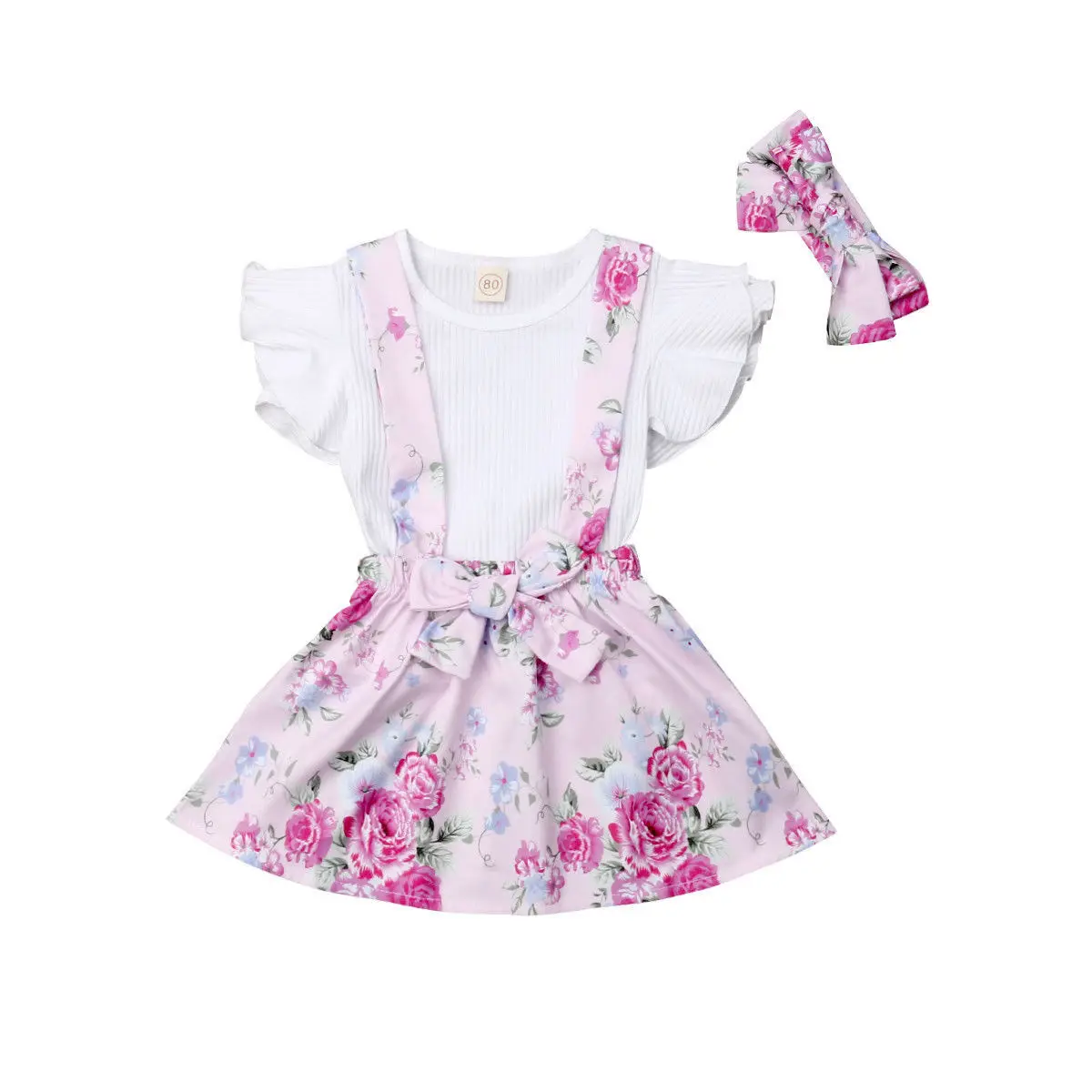 

2018 Multitrust Brand Toddler Kid Baby Girls White Top Floral Princess Skirt Strap Pink Ruffle Sleeve Outfits Summer Sweet Set
