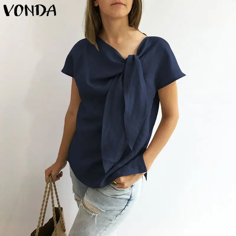 

Women Blouses Shirts 2019 VONDA Summer Vintage O Neck Short Sleeve Tie Shirt Casual Loose Tops Plus Size Blusas Femininas