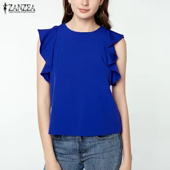 

Women Top and Blouses Butterfly Sleeve Casual Loose Solid Ladies Round Neck Wood Ear Sleeveless Shirts ZANZEA Blusas Femininas