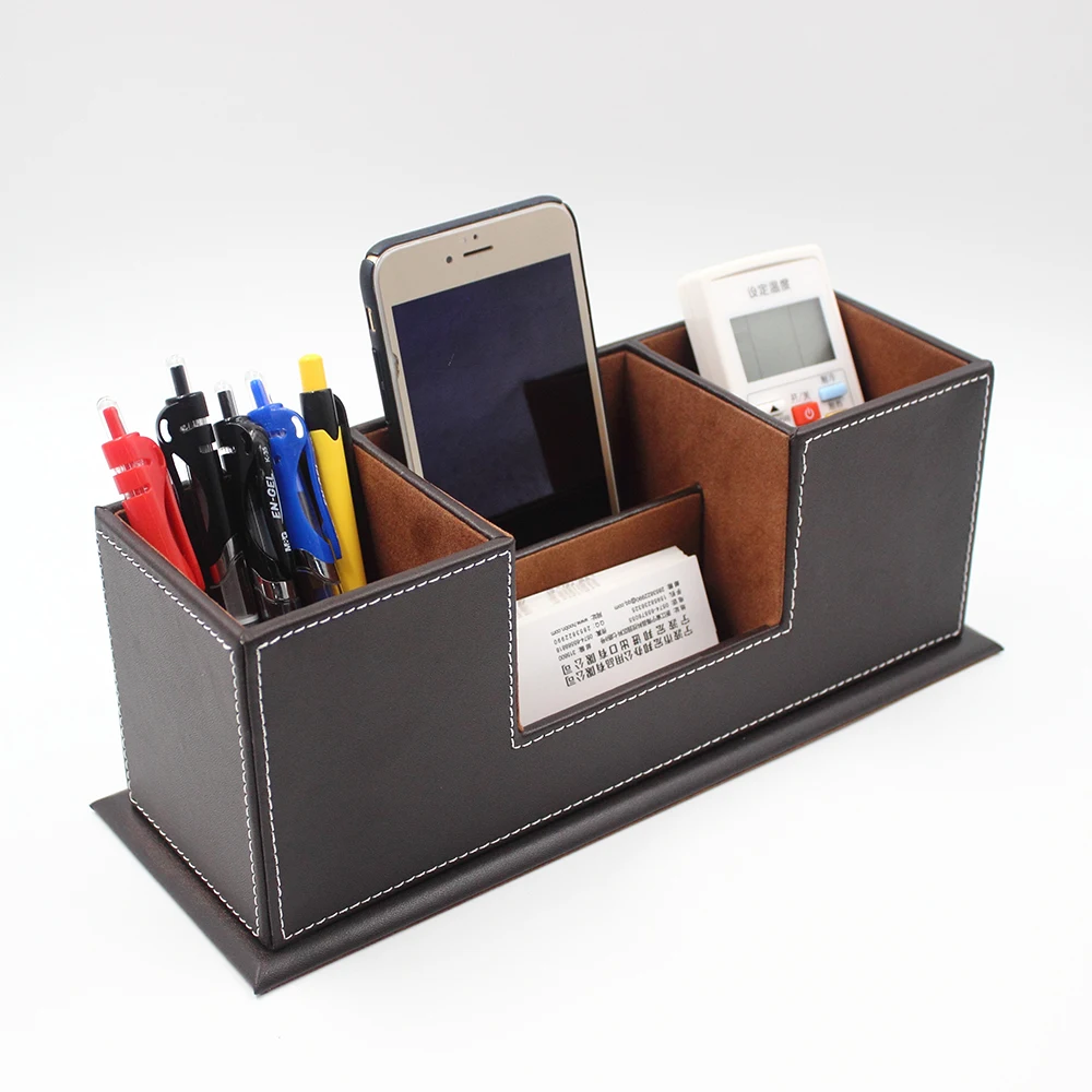 

Two grid pen holder Office PU Leather Desktop Stationery Organizer Double Pen Pencil Holder