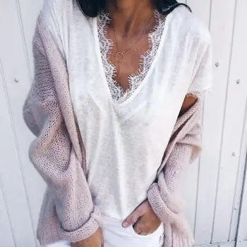 

Fashion Womens Casual Short Sleeve loose Lace tops and Blouses elegant Basic Harajuku tee Shirt femme v neck blusa feminina