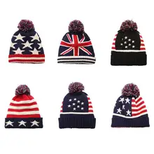 Новые осенние и зимние теплые вязаные шапки для мужчин и женщин с принтом американского флага, шерстяная шапка, модная крутая шапка с меховым помпоном, унисекс вязаная шерстяная шапка