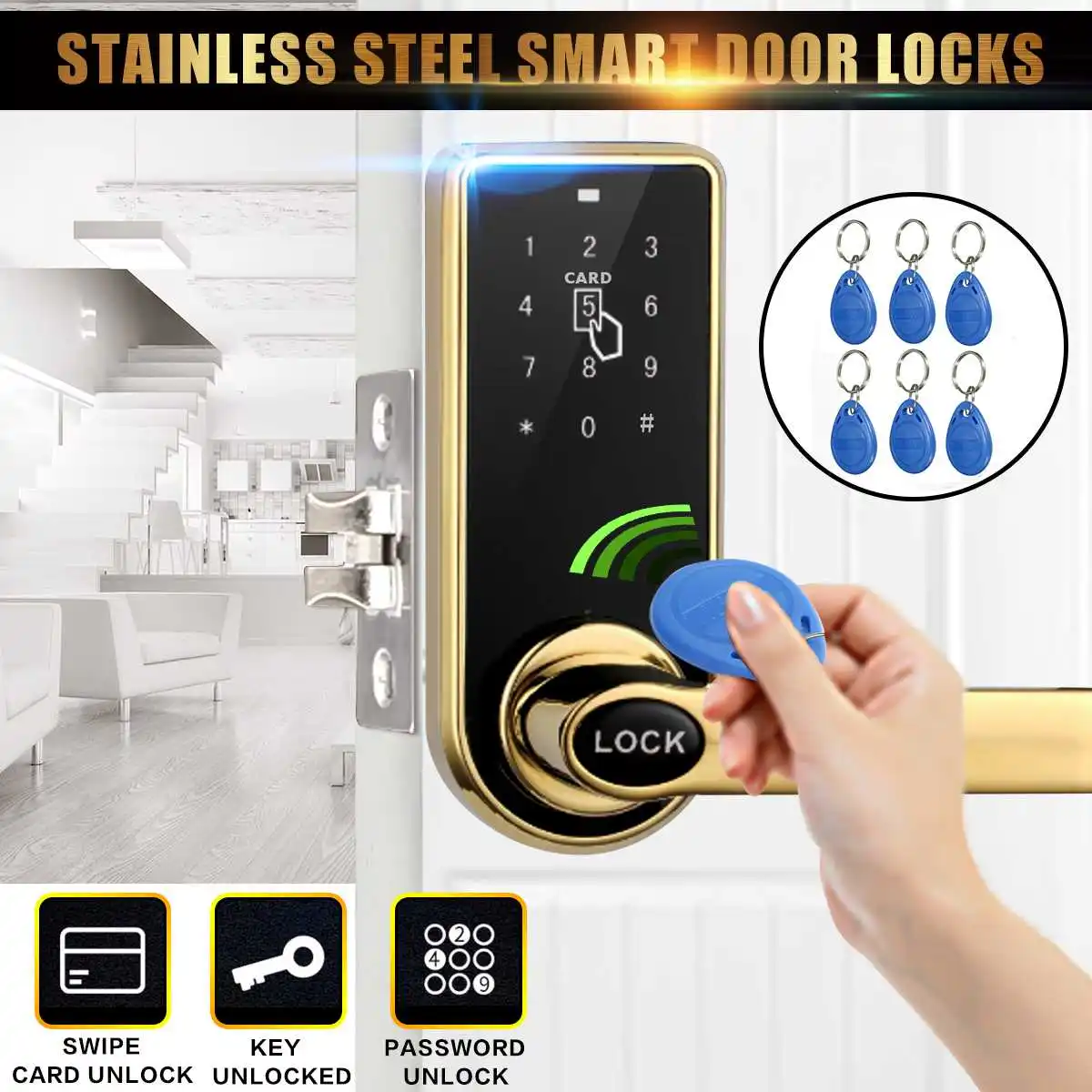 

Digital Electric Smart Code Card Keyless Security Entry Door Lock Touchs Screen with 6 Card Key Smart Entry For Home Office