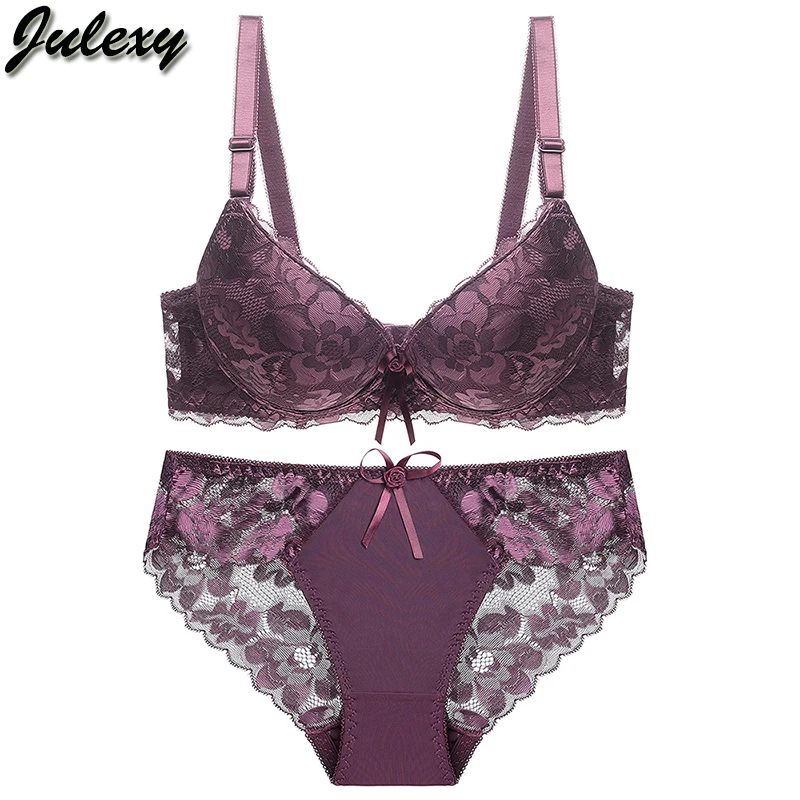  Julexy Sexy B C D Cup Women Bra Set Lace Hollow Underwear Panty Set Solid 6 Color Push Up Bra Brief