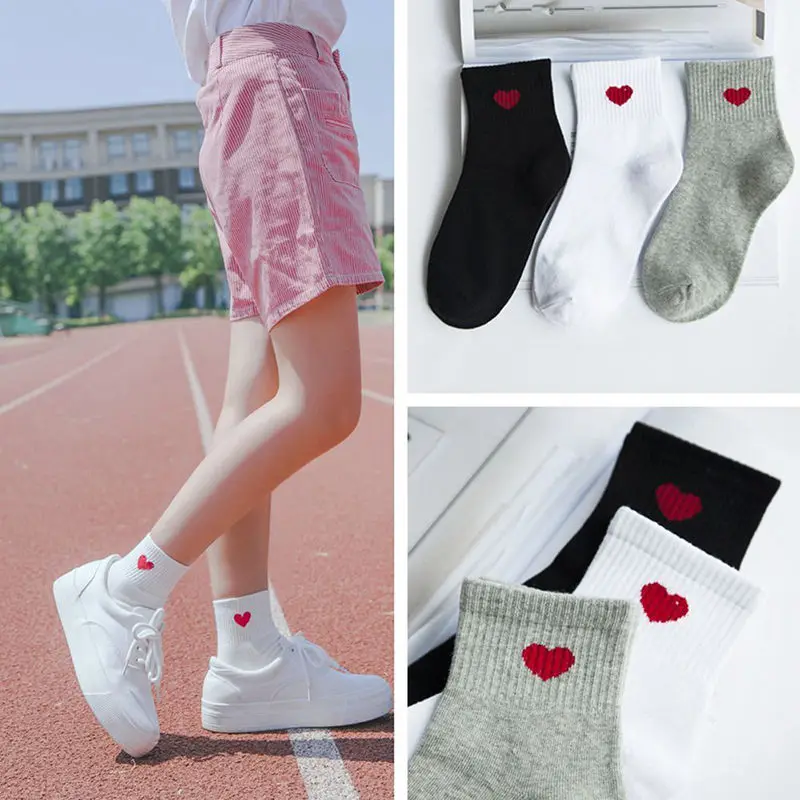 

Women Girl Heart Pattern Print Solid Socks Soft Breathable Ankle-High Casual Cotton Socks With 4 Style Outfit Summer Spring