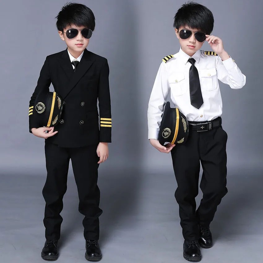 

2019 Halloween Stewardess Pilot Fancy Costumes for Boys with Cap Carnival Stage Wear Performance Air Force Military Uniform