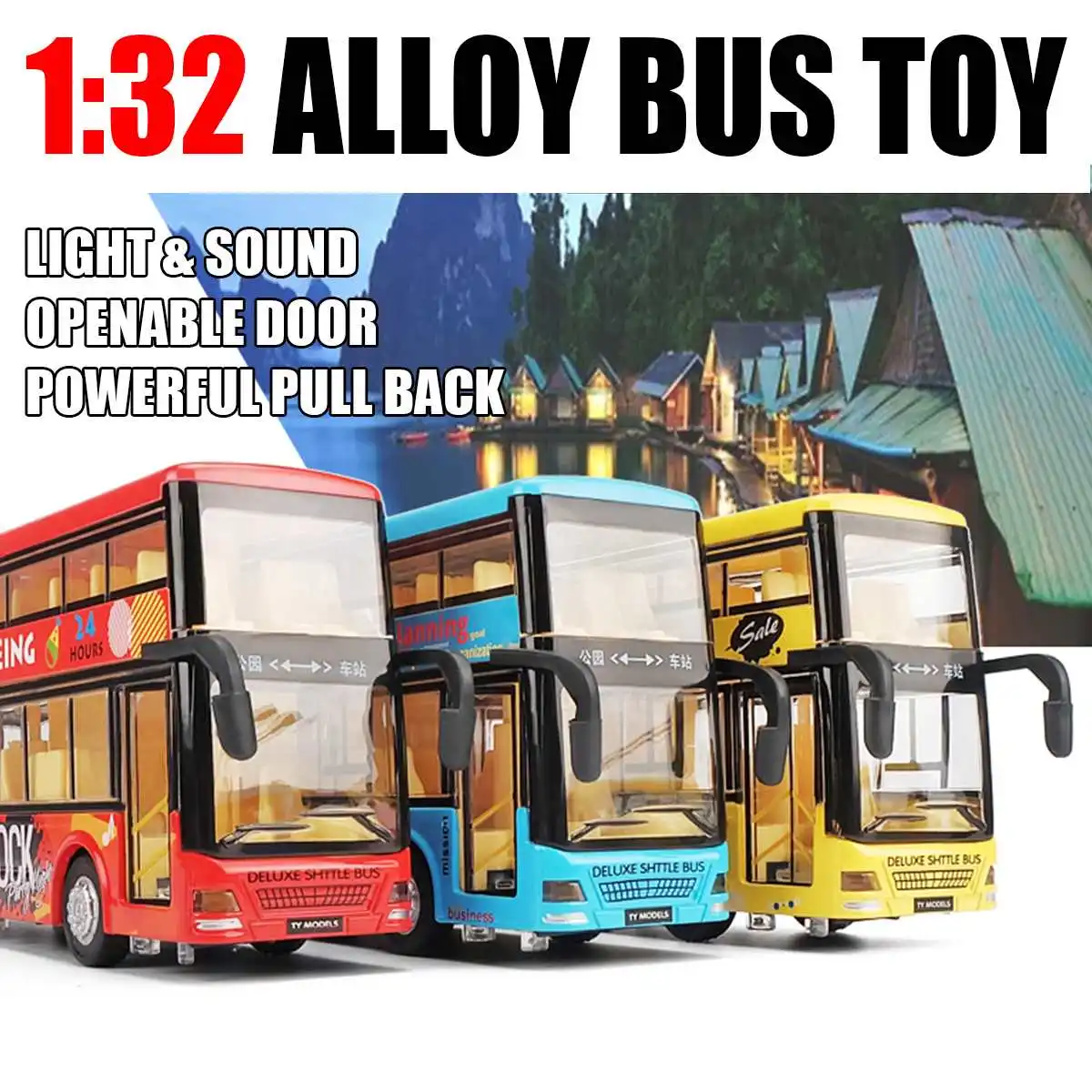 

1:32 Simulation Double-decker Sightseeing Tour Bus Car Cartoon Model Car Toys Sound & Light Flashing Door Open Kids Gift