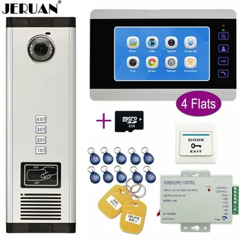 

JERUAN Apartment 7 inch Record Monitor 700TVL Camera Video DoorPhone Intercom Access Home Gate Entry Security Kit for 4 Families