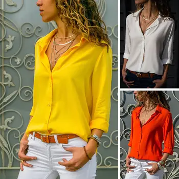 

New Fashion Womens Ladies Long Sleeve V-neck Shirt Loose Sample All-match Solid Button Female OL Shirt