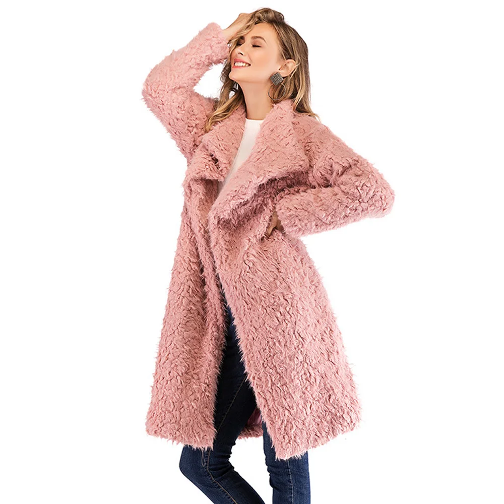 

New Autumn Winter Faux Lamb Women Overcoat Fleece Warm Thick Fluffy Female Long Coat Lapel Pink Streetwear Party Outwear