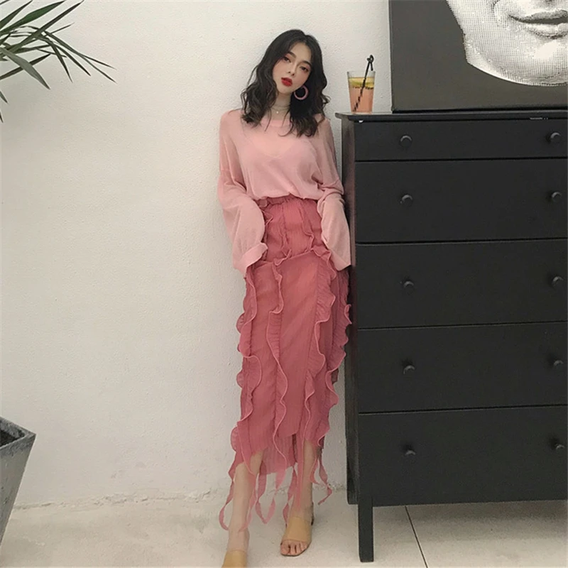 

Lychee Girls Tassel Patchwork Trumpet Skirt Elastic High Waist Female Ankle Length Skirt Autumn Office Lady Style Slim Skirts