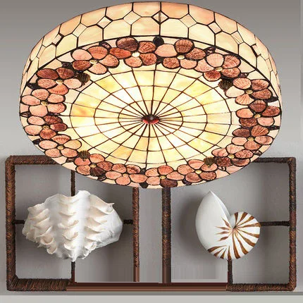 

Mediterranean Rural E27 30/40/50cm Round Shell Handmadetiffany Ceiling Lamps For Living Room Light Fixture