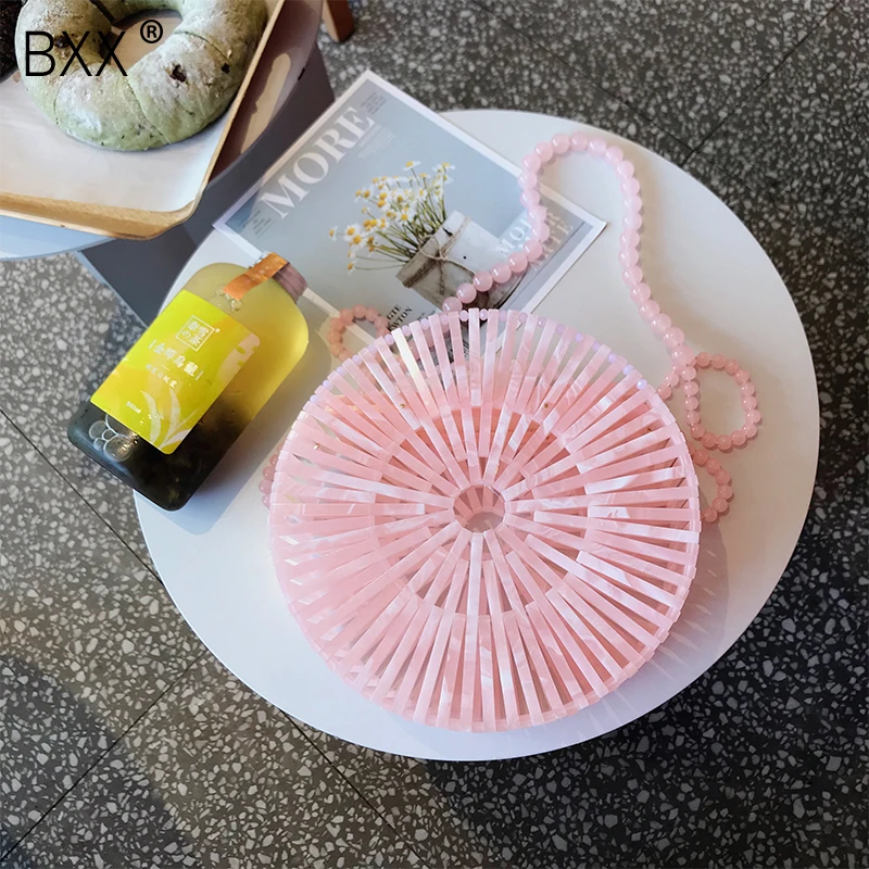 

[BXX] 2019 Summer New Pink Green Color Attractive Single Bead Strap Round Shape Acrylic Hollow Out Messenger Bag Handbag LM606