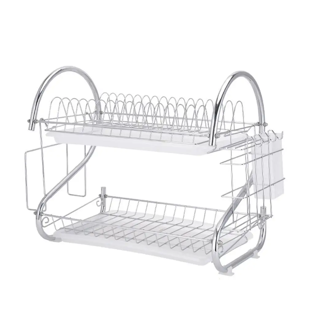 

Dish Rack Double-layer Drain Kitchen Storage Drying Cutlery Holder Silver Organizer