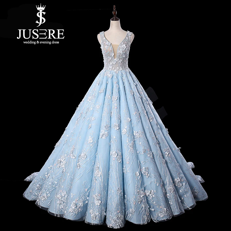 JUSERE robede mariage светло-синее свадебное платье 3D Цветочная вышивка без рукавов развертки Свадебные платья на прокат vestido de noiva