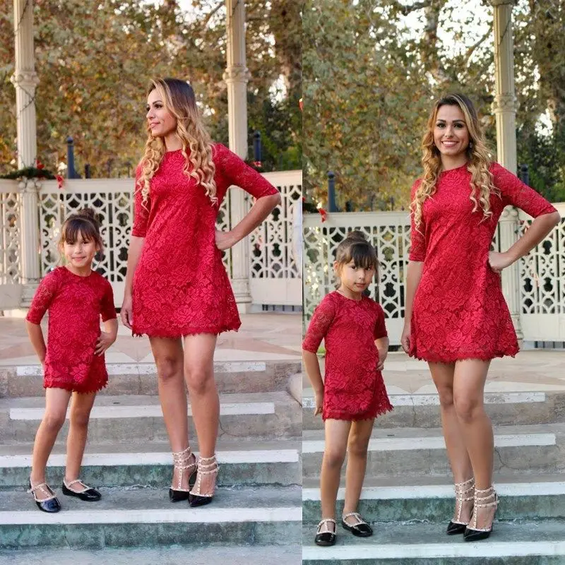 

Bohemian Women Dresses for Mother Daughter Floral Lace Girls Dresses Family Matching Dress Fashion Mom and Me Toddler Red Dress