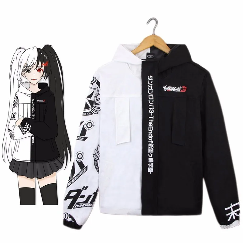 Женская куртка с капюшоном Danganronpa черная белая толстовка унисекс мультяшным