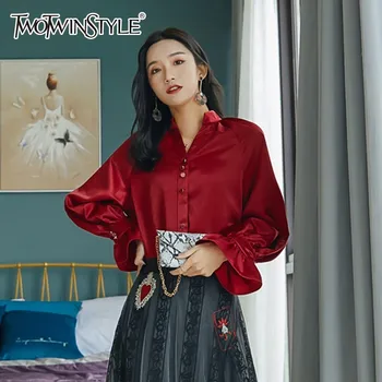 

TWOTWINSTYLE Spring Vintage Women's Shirts Tops Female Stand Collar Flare Sleeve Loose Tops Female Blouses Elegant Clothes New