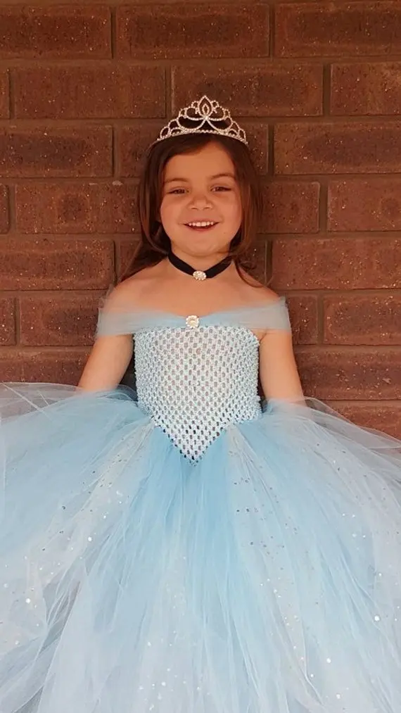 

POSH DREAM Light Blue Girls Gown Tutu Dress Cinderella Inspired Stunning Blue Glittery Gown Children Girls Cosplay Tutu Dress