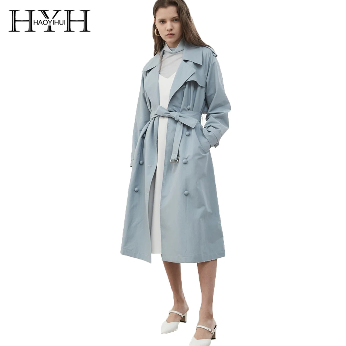 Двубортный плащ HYH HAOYIHUI Commuter Style ветровка оверсайз синего цвета Осенний Тренч