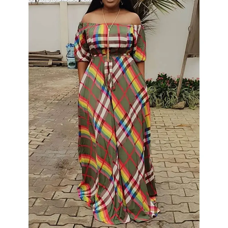 

Long Dresses Women Casual Elegant Sexy Club Summer Office Lady Plus Size Chiffon Plaid Print Strapless Off Shoulder Female Dress