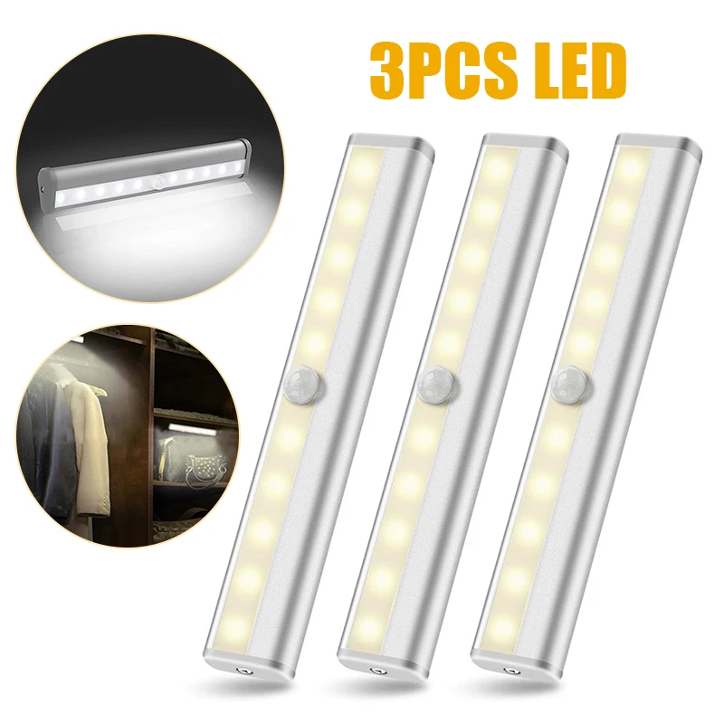 3pcs Motion Sensor Night Light 10 LED Battery Power Closet Lights Body Response Wall Lamp
