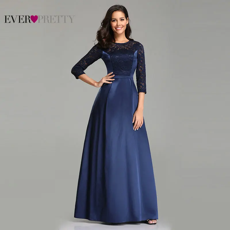 Robe De Soiree Ever Pretty EZ07720 Navy Blue A-line Lace Half Sleeve Satin Evening Dresses Long Elegant Wedding Guest Gowns
