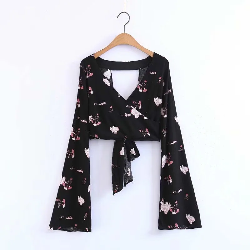 

Womens Tops And Blouses 2019 Flare Sleeve Floral Shirt Bow Tie Crop Blouses Long Sleeve Hollow Out Backless Sexy Tops Blusa