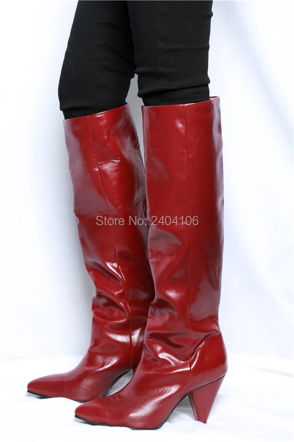 

Vintage Rome Style Claret Red Leather Autumn Winter Shoes Slip On Ladies Long Bootie Pointed Toe Spike Cone Heel Knee High Boots