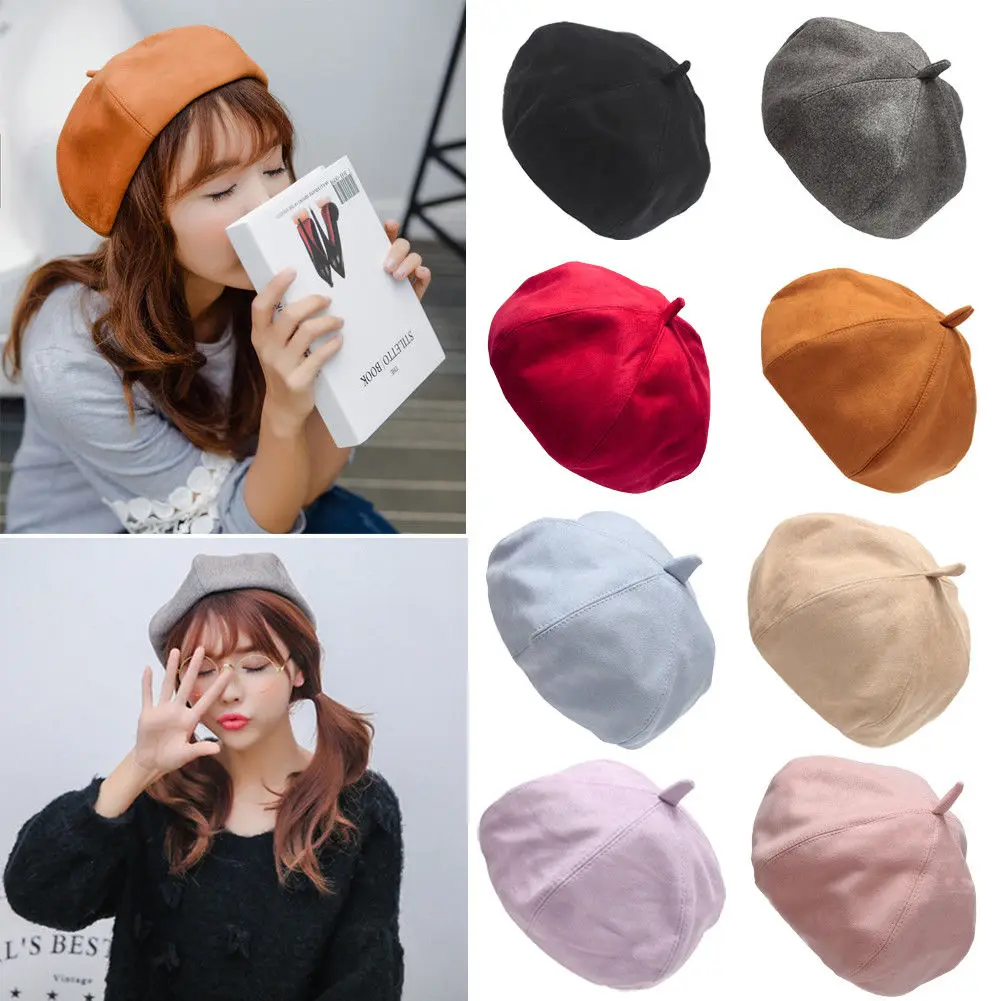 

Winter Autumn Fashion Women Sweet Warm Woolen Berets Solid Color French Artist Beanies Hat Ski Cap Hat