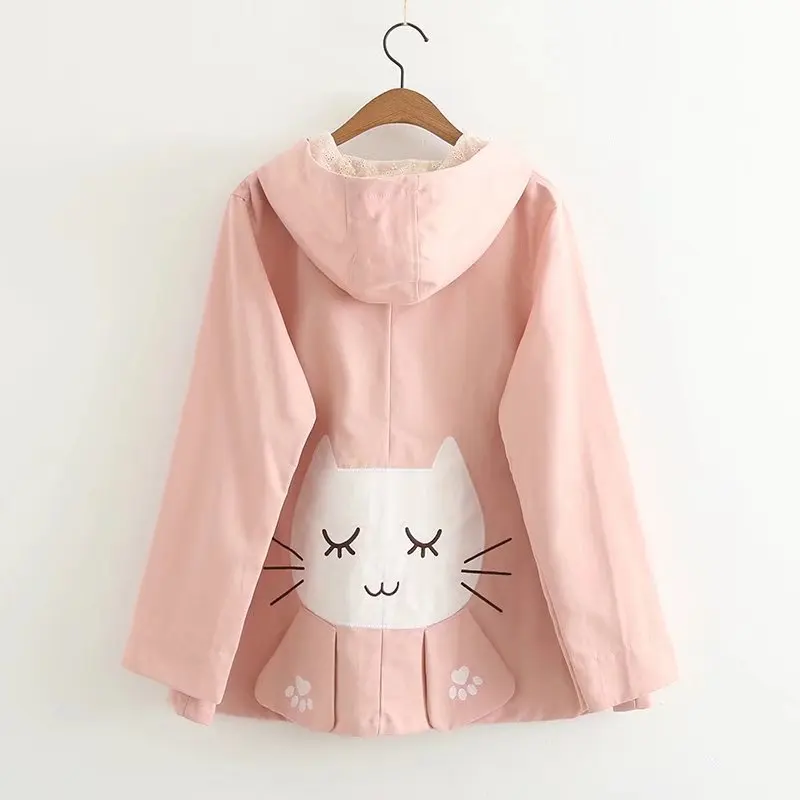 

Summer Causal Women's Hooded Thin Windbreaker Japanese Style Mori Girl Kawaii Coat Embroidery Lace Female Outerwear A9156
