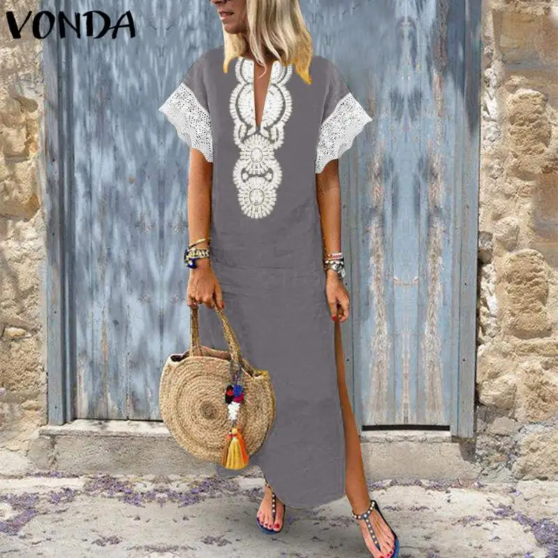 VONDA Women Sexy Maxi Long Dress 2018 Summer Vintage V Neck Short Sleeve Bohemian Split Lace Patchwork Party Vestidos Plus Size