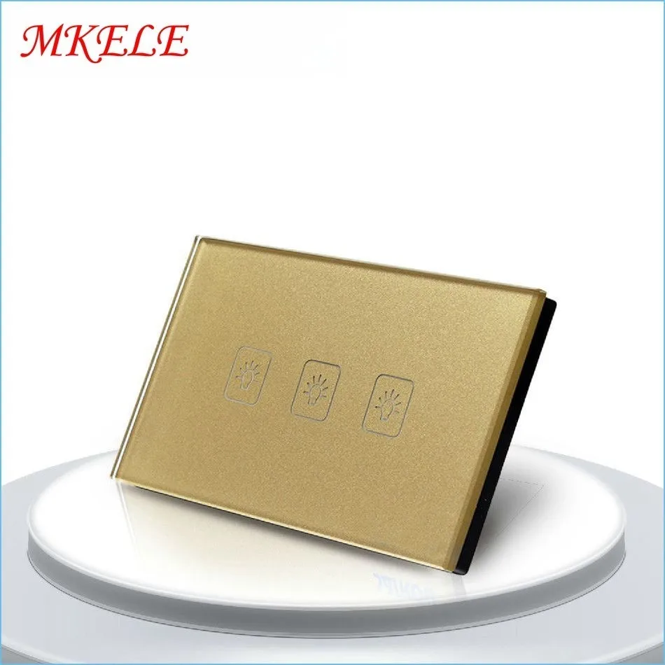 

Wall Socket For Lamp Free Shipping Touch Switch 3 Gang 1 Way US Standard Gold Touch Screen Wall Switch