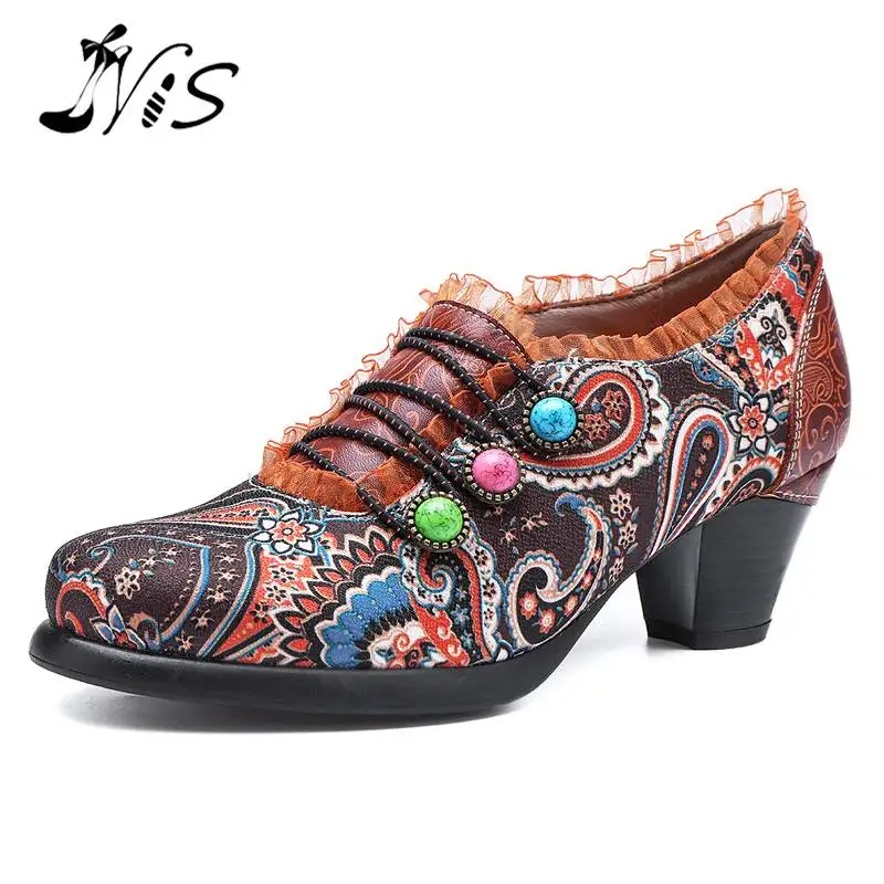 

Socofy Bohemian Vintage Style Women Pumps Shoes Casual Spring Summer Genuine Leather Block High Heels Zipper Printed Ladies Shoe