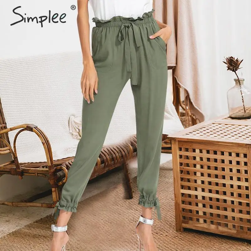 Женские зеленые брюки-карандаш Simlee на завязке, элегантные повседневные зеленые штаны на лето, брюки с высокой талией и карманами