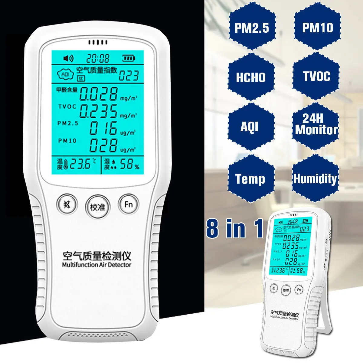 

8 in1 LCD Digital Formaldehyde Detector Meter Air Quality Tester TVOC HCHO PM2.5 PM10 Gas Air Analyzer Monitor Humidity Meter