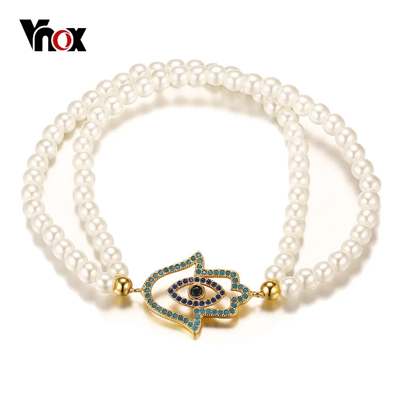 

Vnox Women's Hamsa Simulated Pearl Bracelet with Green Stone Evil Black Eye Beaded Link Chain Bracelets for Women Femme