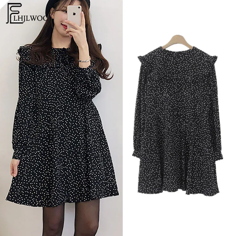Cena 2019 śliczna urocza sukienka gorąca sprzedaż kobiety moda koreański styl projekt linia Preppy dziewczyny Vintage Polka Dot potargane Mini czarna sukienka