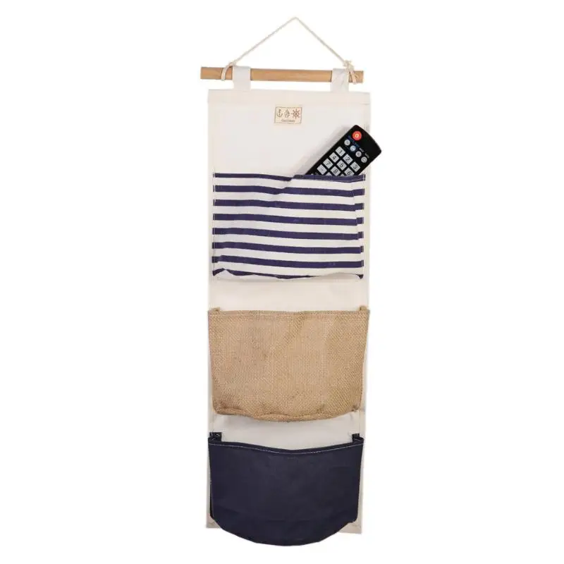 

New & Simple Storage Bag Wall Hanging Bags Vintage Jute Sundries Organizer Closet Bag Red Blue Striped Bags For Home Storage