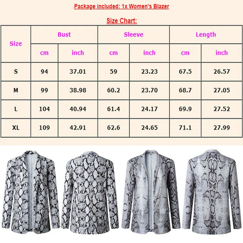 Women OL Ladies Snake Skin Printed Sexy Office Lady formal Work Long Sleeve Slim Fit Casual Blazer Suit Jacket Coat Outwear Tops Women OL Ladies Snake Skin Printed Sexy Office Lady formal Work Long Sleeve Slim Fit Casual Blazer Suit Jacket Coat Outwear Tops