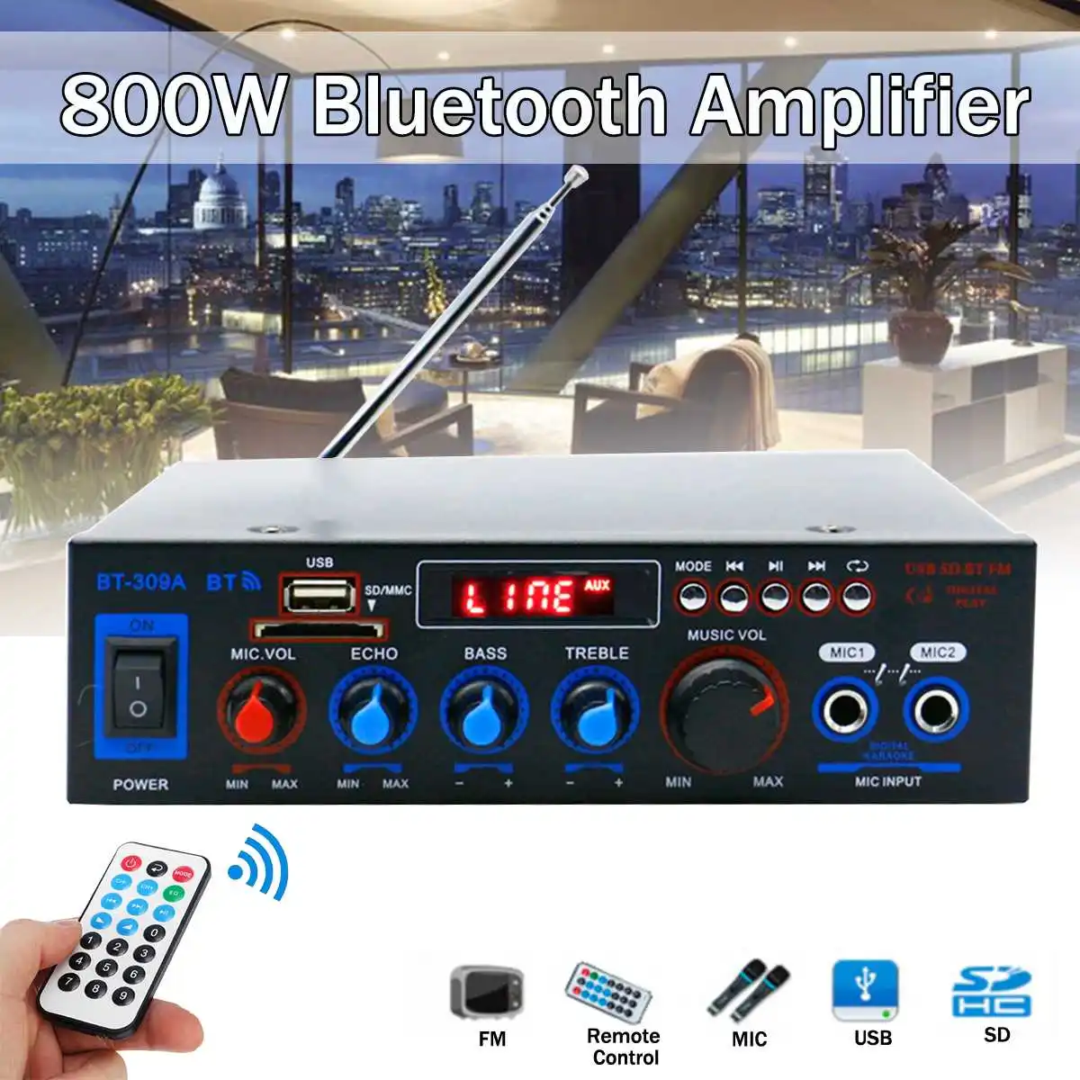 

12V 220V 800W 2CH Home/Car Stereo bluetooth Amplifier DJ Mic Receiver Tuner System With USB SD FM