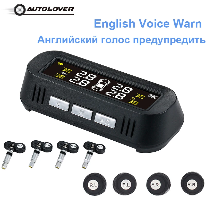 

Voice Alarm Car TPMS Solar USB Tire Pressure Monitoring System 4 Externall Internal Sensors Temperature Realtime Tyre Warning