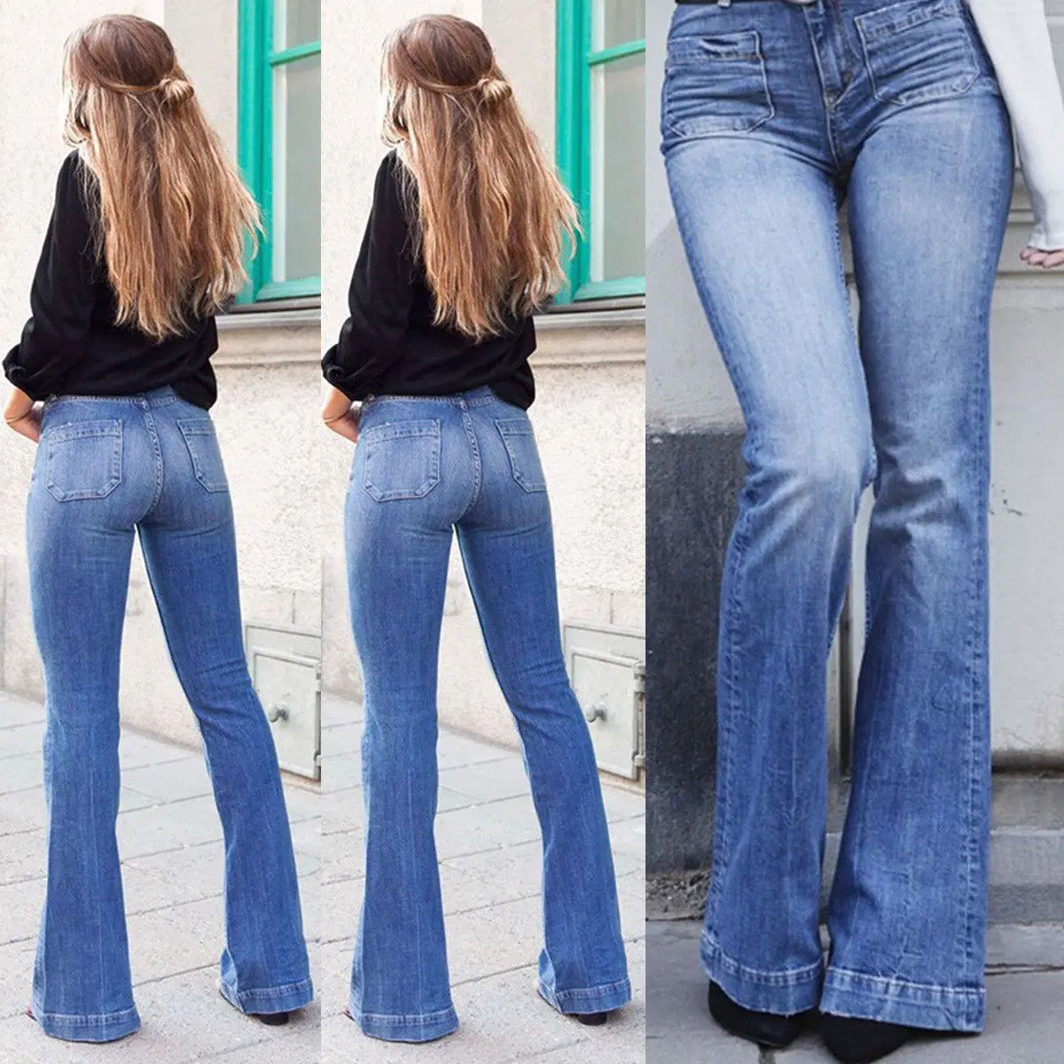 Для женщин Ретро Высокая талия эластичный Bootcut джинсы для джинсовые узкие расклешенные брюки девочек дамское платье с рукавами в колокол
