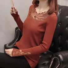New Spring Autumn Sweater And Pullover Female Korean O-neck Long Sleeve Slim Bottoming Lace Pullover Jumpers Women Tops