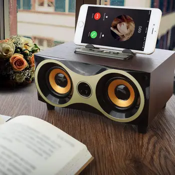 

Desktop Portable Wooden Wireless Speaker Subwoofer Stero Bluetooth Speakers Support TF MP3 Player with FM Radio, Phone Holder