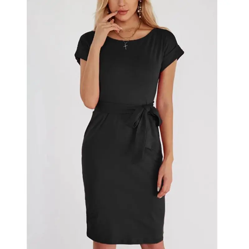 Round Neck Lace-Up Plain Casual Dress