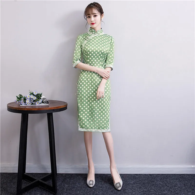 Модное зеленое кружевное платье Cheongsam современное длинное двухслойное Qi Pao