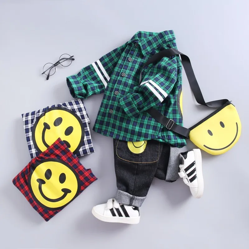 New Baby Boys Clothing Children Clothes Suit Fashion Lapel Smiley Plaid Shirt Pants 2Pcs/Sets Kid Toddler Infant Leisure Costume
