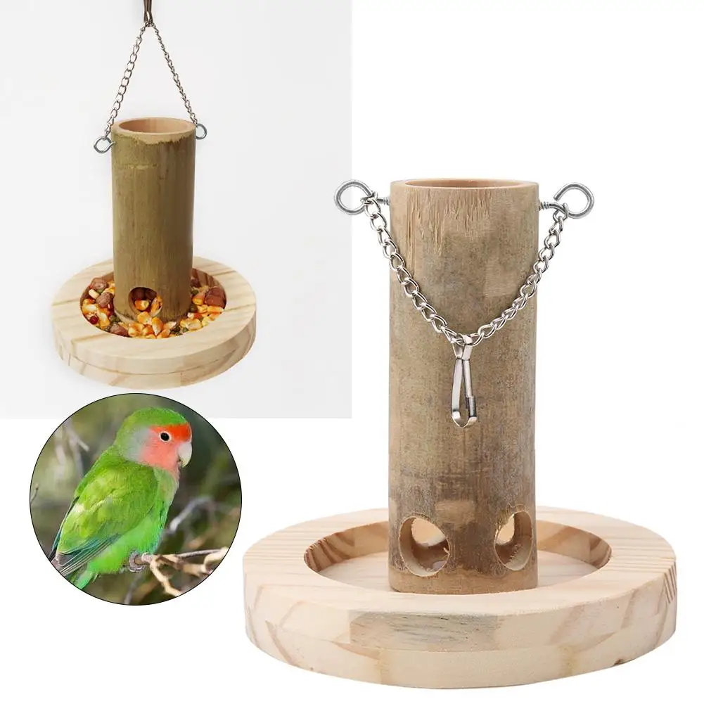 

High Quality Natural Bamboo Tube Bird Feeder Box with Wooden Base For Parrots